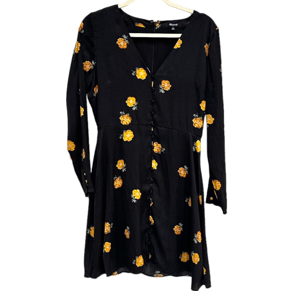 MADEWELL Women's Lily Blossom Button Front Long Sleeve Black V-Neck Dress Size 8